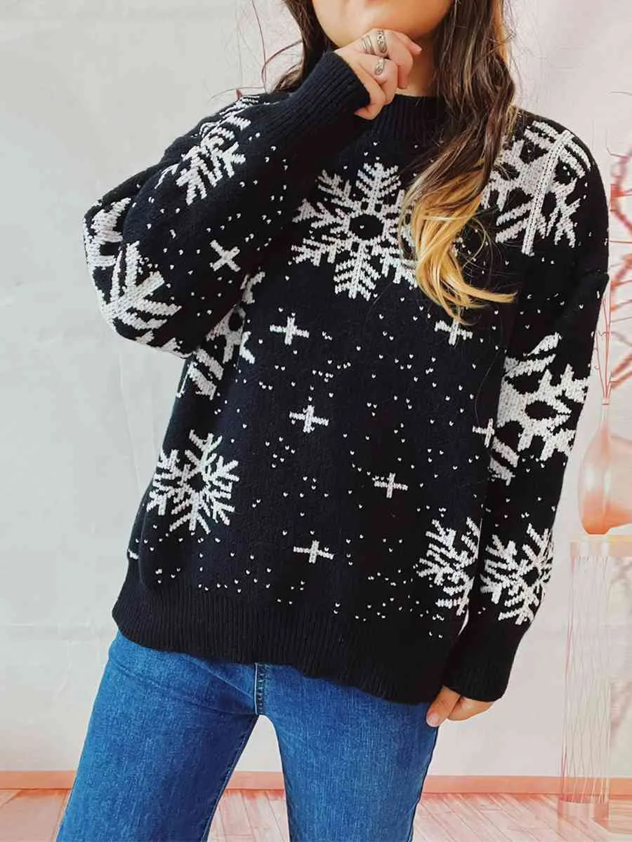 Hazel Blues® |  Snowflake Pattern Dropped Shoulder Sweater