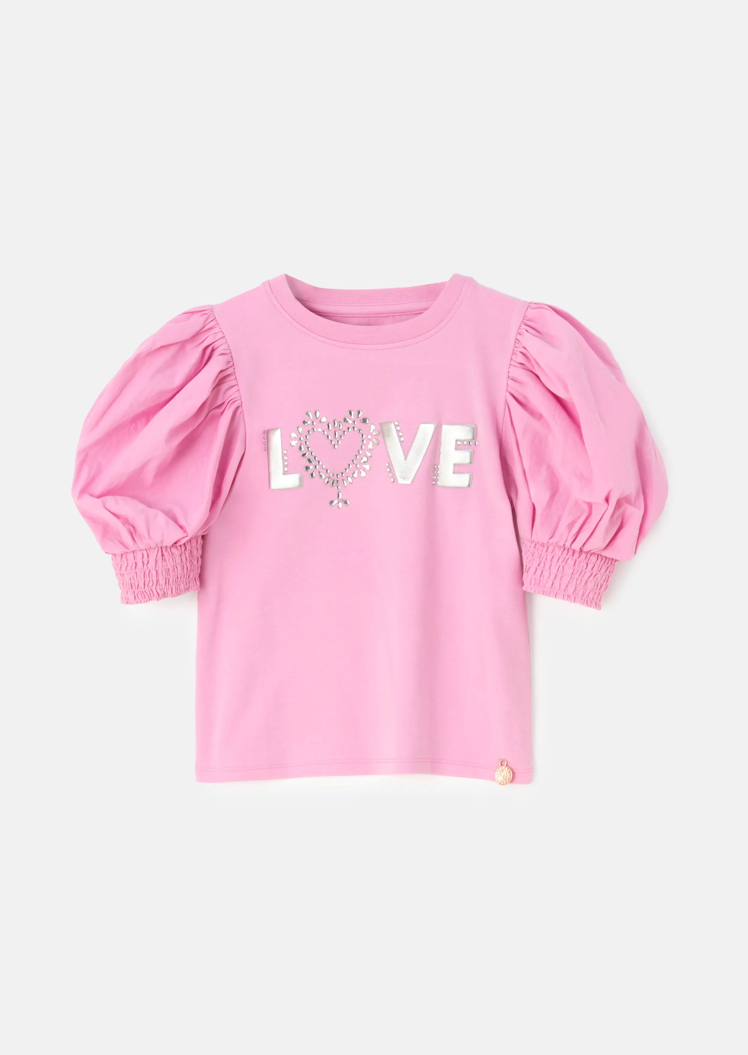 Heidi Pink Puff Sleeve Love Diamante Top