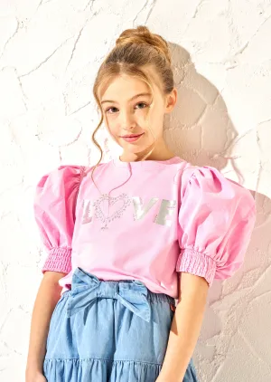 Heidi Pink Puff Sleeve Love Diamante Top