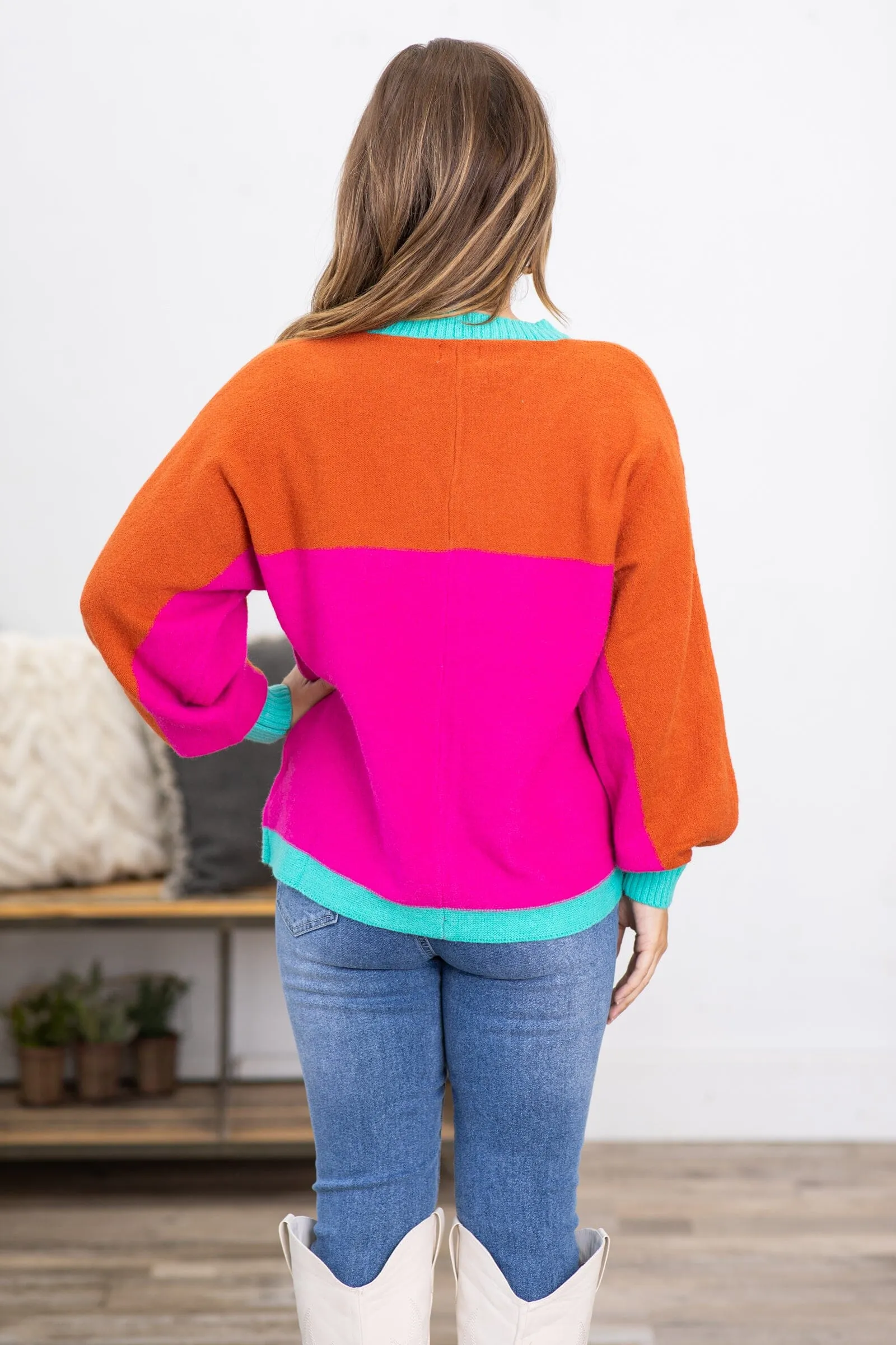 Hot Pink and Orange Colorblock Sweater