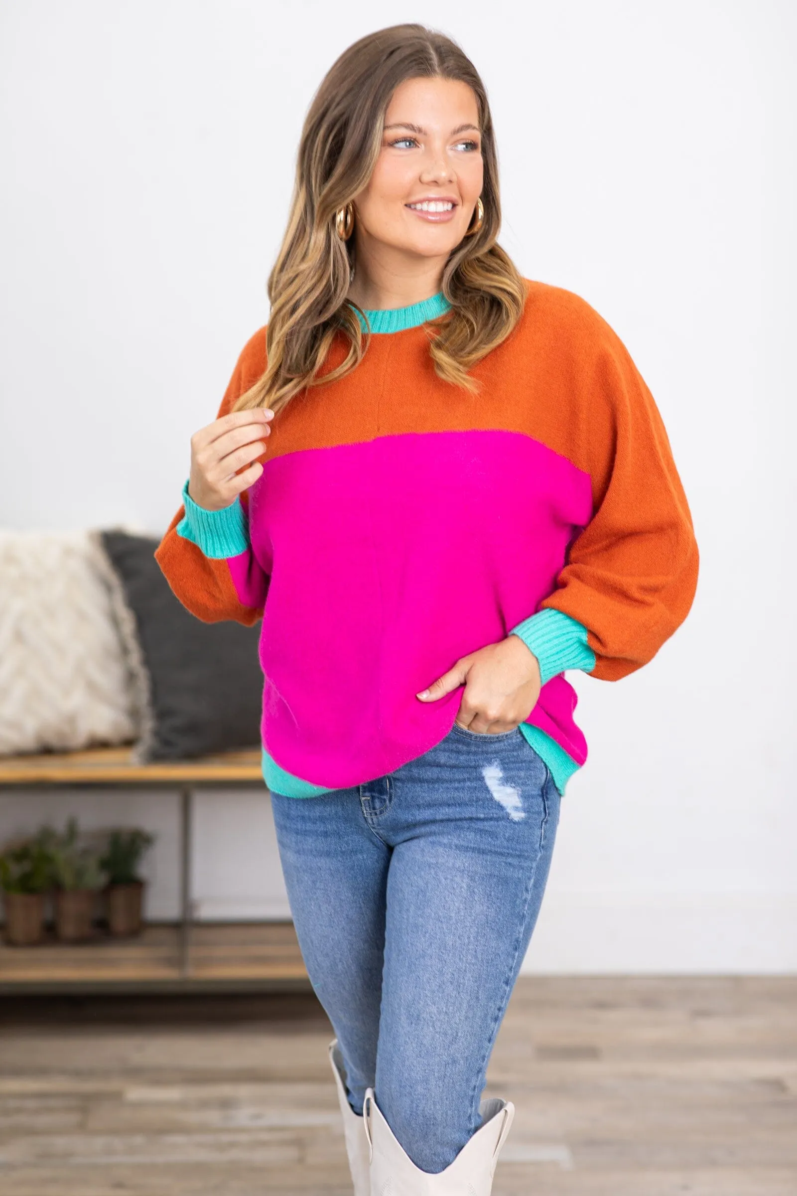 Hot Pink and Orange Colorblock Sweater