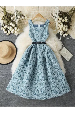 Jacquard Vintage Style Waist Pleated Short Dress