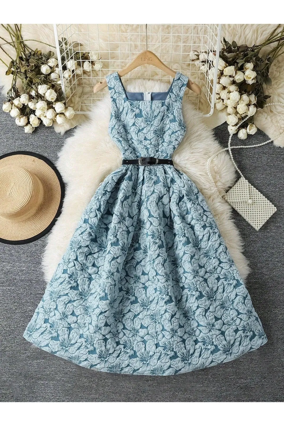 Jacquard Vintage Style Waist Pleated Short Dress