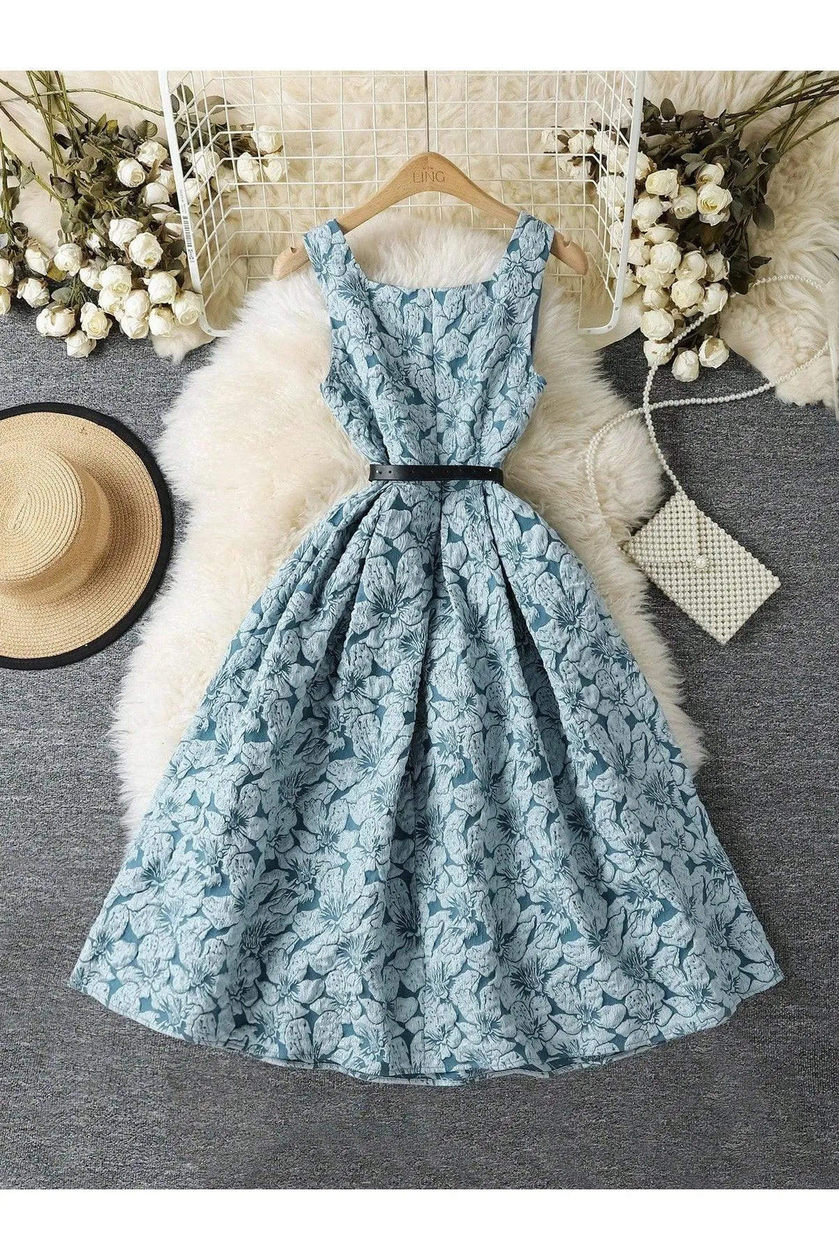 Jacquard Vintage Style Waist Pleated Short Dress