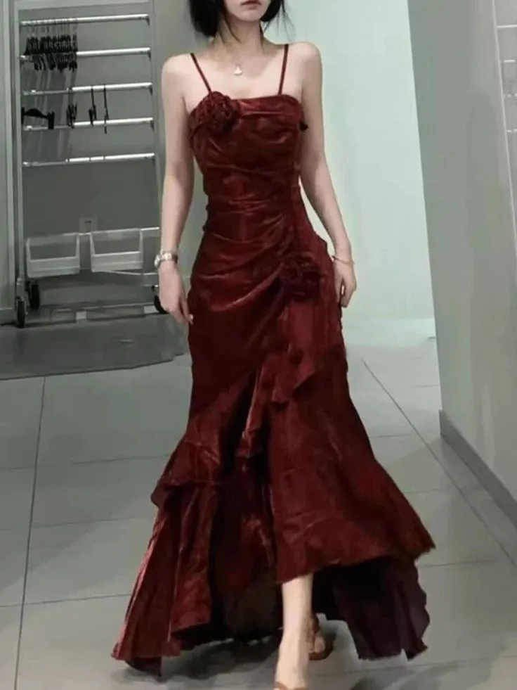 JazzHer Elegant Mermaid Spaghetti Straps Burgundy Long Prom Dresses Party Dresses (PRE-ORDER)