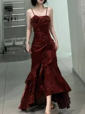 JazzHer Elegant Mermaid Spaghetti Straps Burgundy Long Prom Dresses Party Dresses (PRE-ORDER)