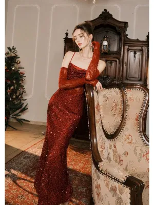 JazzHer Elegant Mermaid Spaghetti Straps Burgundy Sequin Ruffles Prom Dresses Party Dresses (PRE-ORDER)