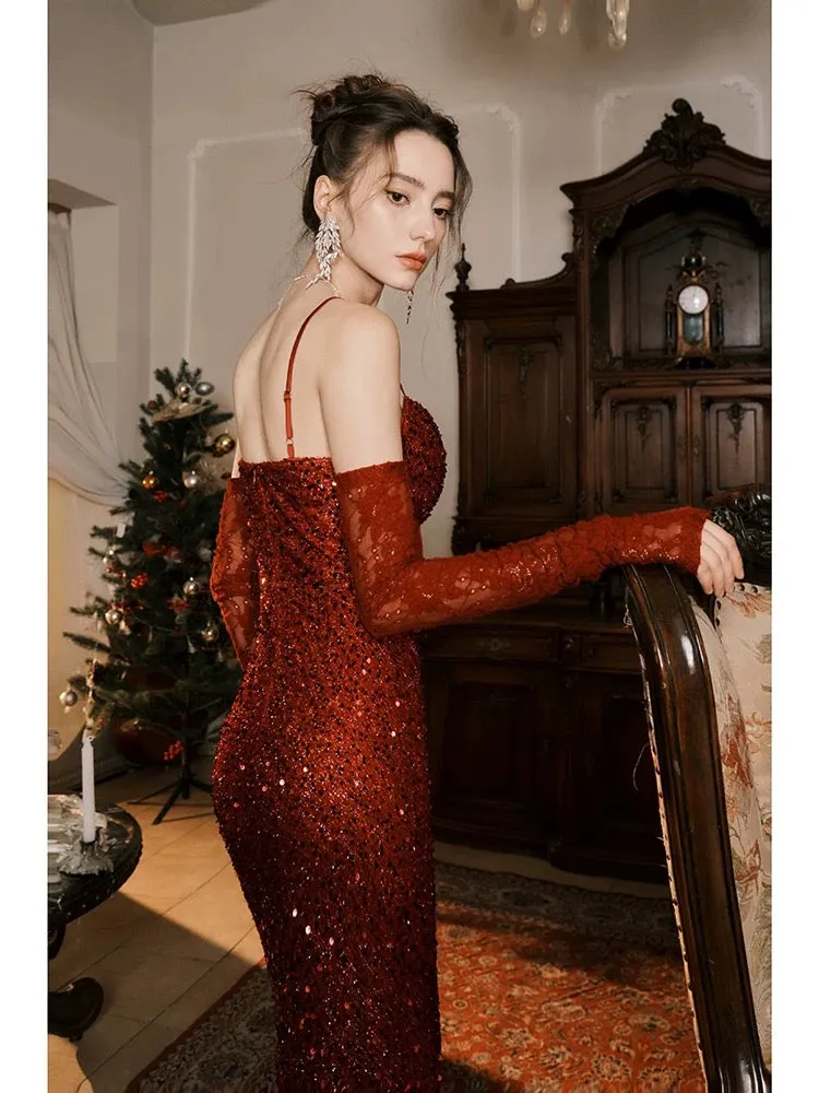 JazzHer Elegant Mermaid Spaghetti Straps Burgundy Sequin Ruffles Prom Dresses Party Dresses (PRE-ORDER)