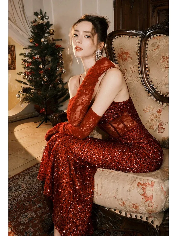 JazzHer Elegant Mermaid Spaghetti Straps Burgundy Sequin Ruffles Prom Dresses Party Dresses (PRE-ORDER)