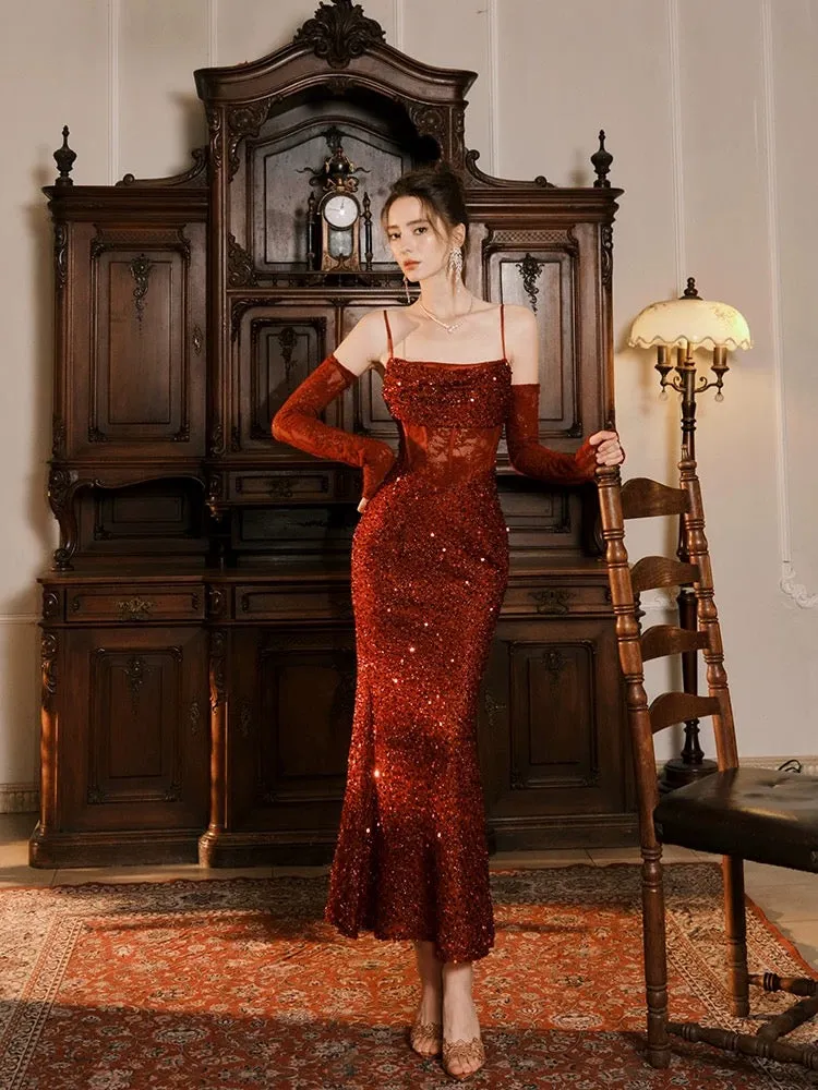 JazzHer Elegant Mermaid Spaghetti Straps Burgundy Sequin Ruffles Prom Dresses Party Dresses (PRE-ORDER)