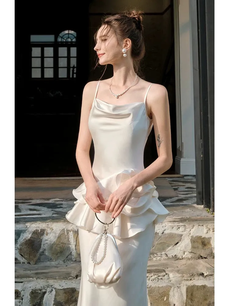 JazzHer Elegant Mermaid Spaghetti Straps White Ruffles Prom Dresses Party Dresses (PRE-ORDER)