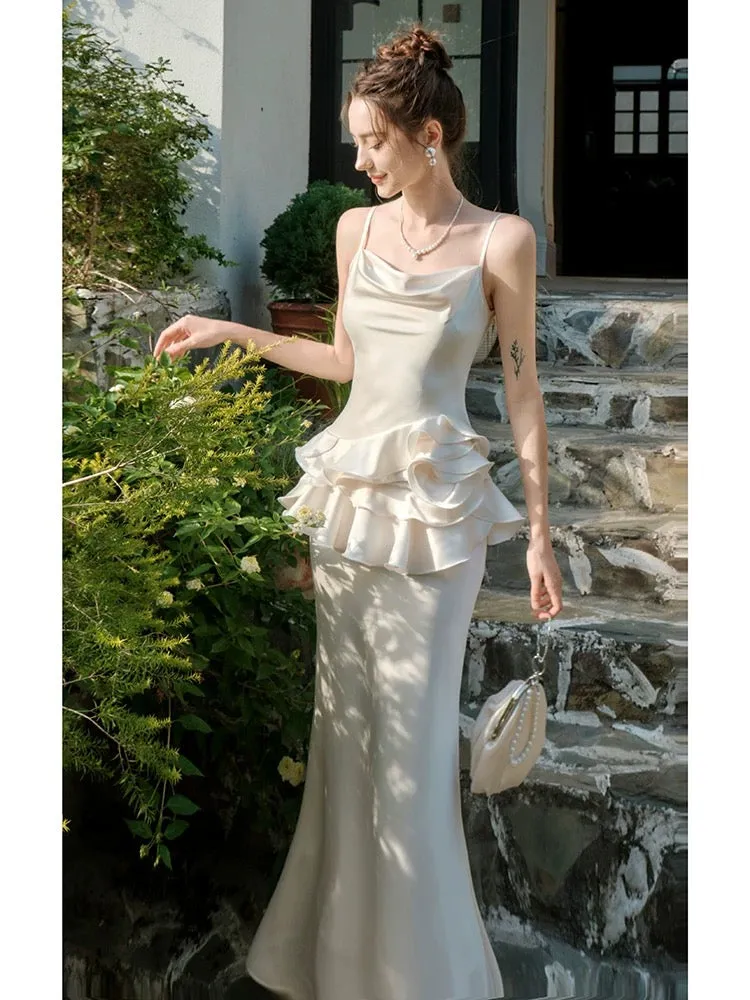 JazzHer Elegant Mermaid Spaghetti Straps White Ruffles Prom Dresses Party Dresses (PRE-ORDER)