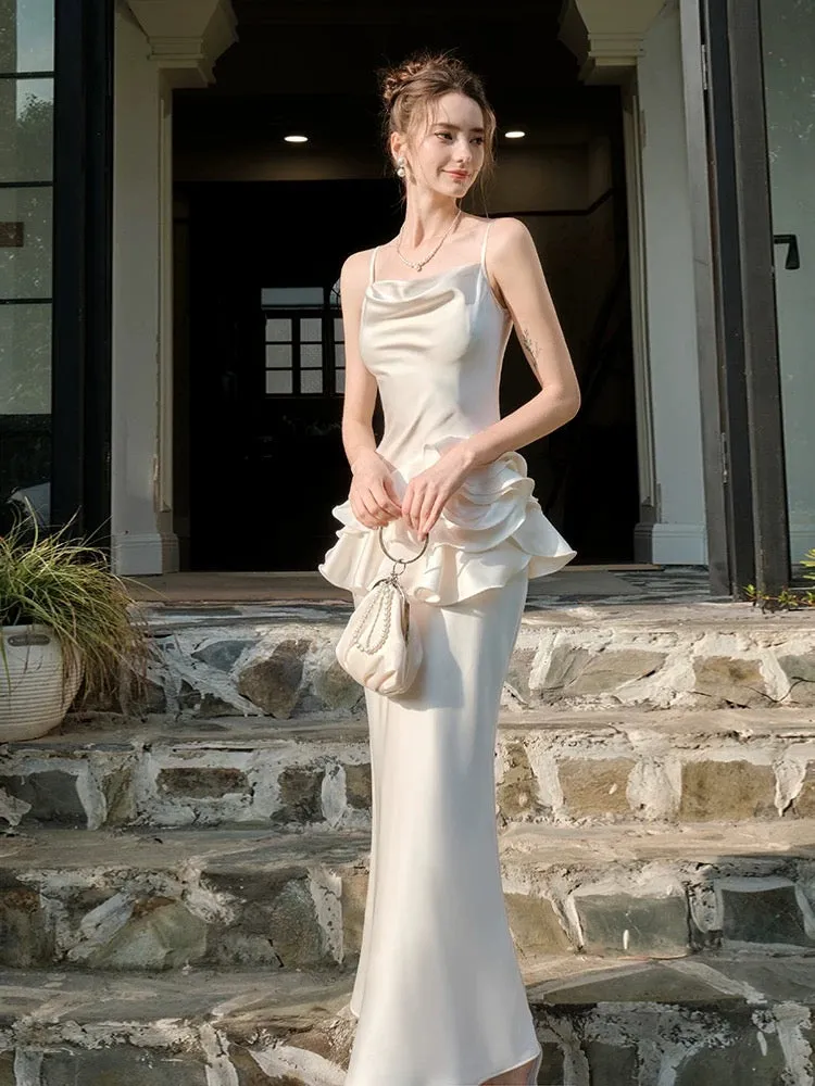 JazzHer Elegant Mermaid Spaghetti Straps White Ruffles Prom Dresses Party Dresses (PRE-ORDER)