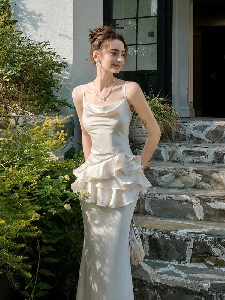 JazzHer Elegant Mermaid Spaghetti Straps White Ruffles Prom Dresses Party Dresses (PRE-ORDER)