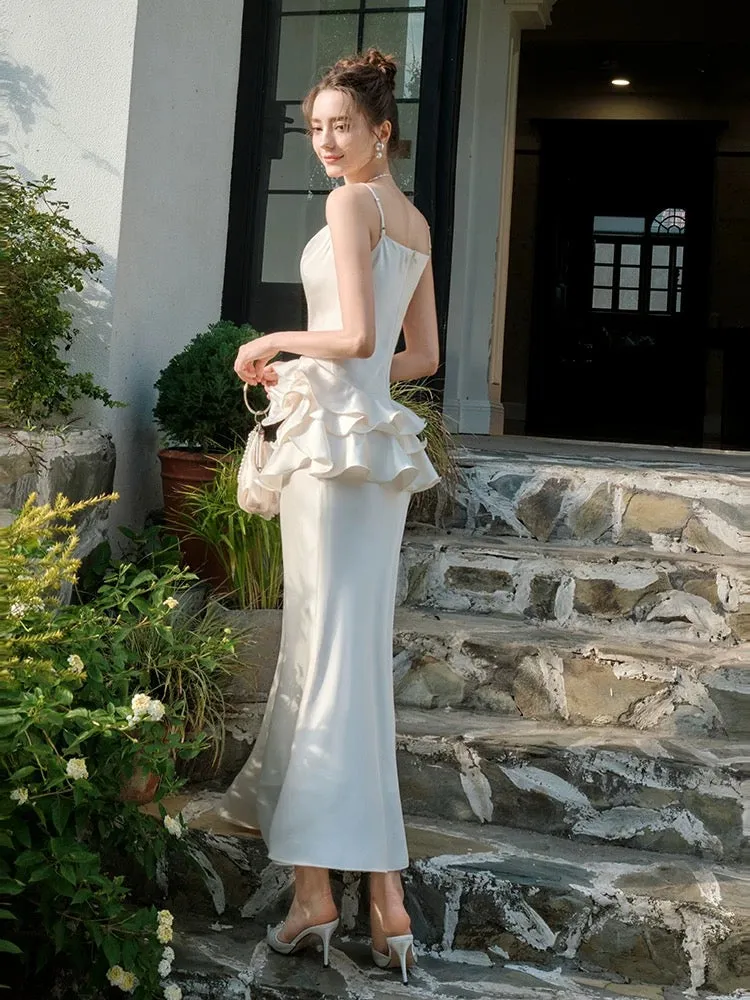 JazzHer Elegant Mermaid Spaghetti Straps White Ruffles Prom Dresses Party Dresses (PRE-ORDER)