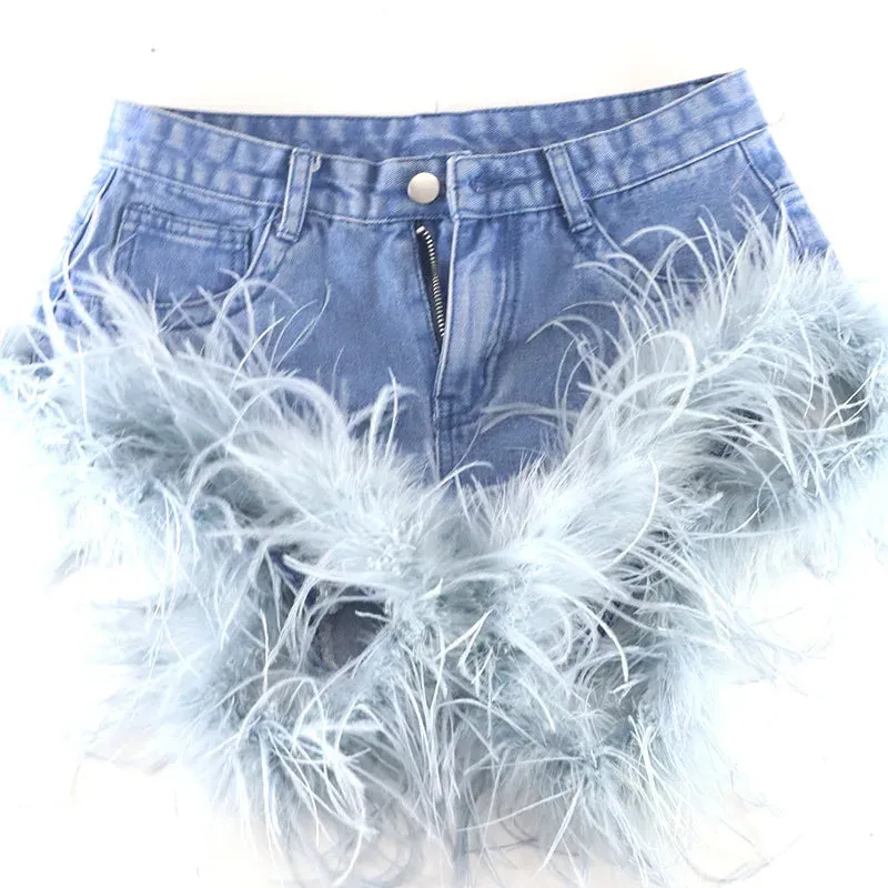 JazzHer Feather Tassel Jean Shorts Women Clothing Summer Sexy Slim Shorts Femme Street Fashion Beach Hot Girl Bottoms 2023 New