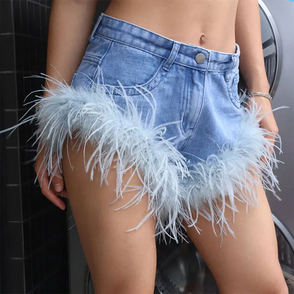 JazzHer Feather Tassel Jean Shorts Women Clothing Summer Sexy Slim Shorts Femme Street Fashion Beach Hot Girl Bottoms 2023 New