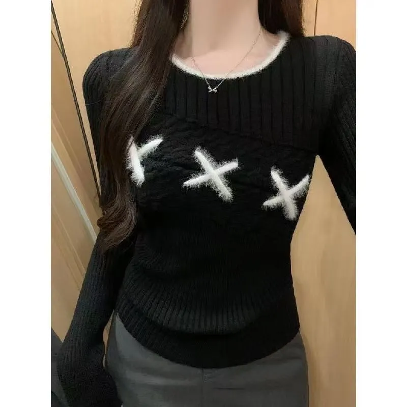 JazzHer Korean Style Elegant Sweaters Sweet Vintage Long Sleeve Knitted Pullover Autumn Winter Patchwork Sweaters Aesthetics Chic
