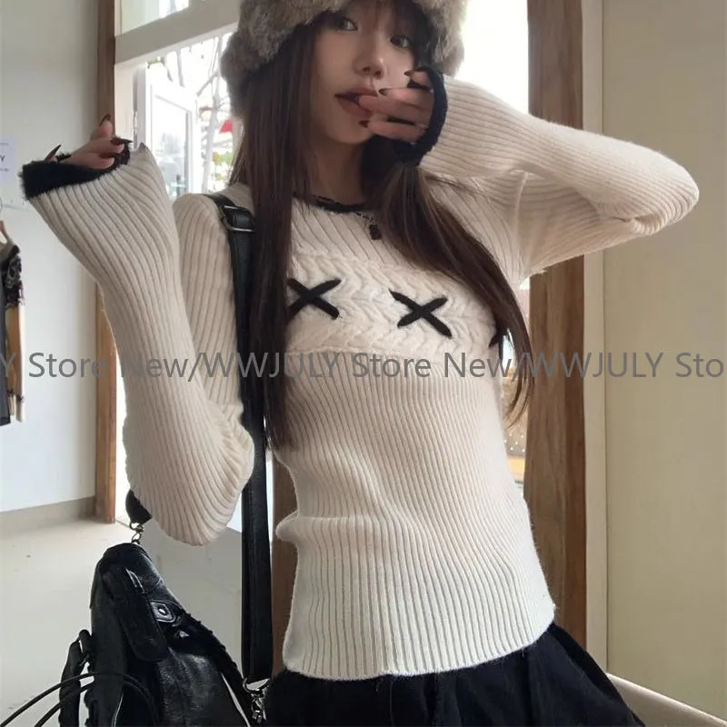 JazzHer Korean Style Elegant Sweaters Sweet Vintage Long Sleeve Knitted Pullover Autumn Winter Patchwork Sweaters Aesthetics Chic