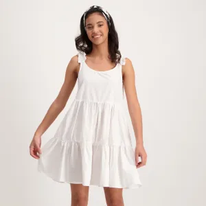 Ladies Poplin Strappy Tiered Dress-White