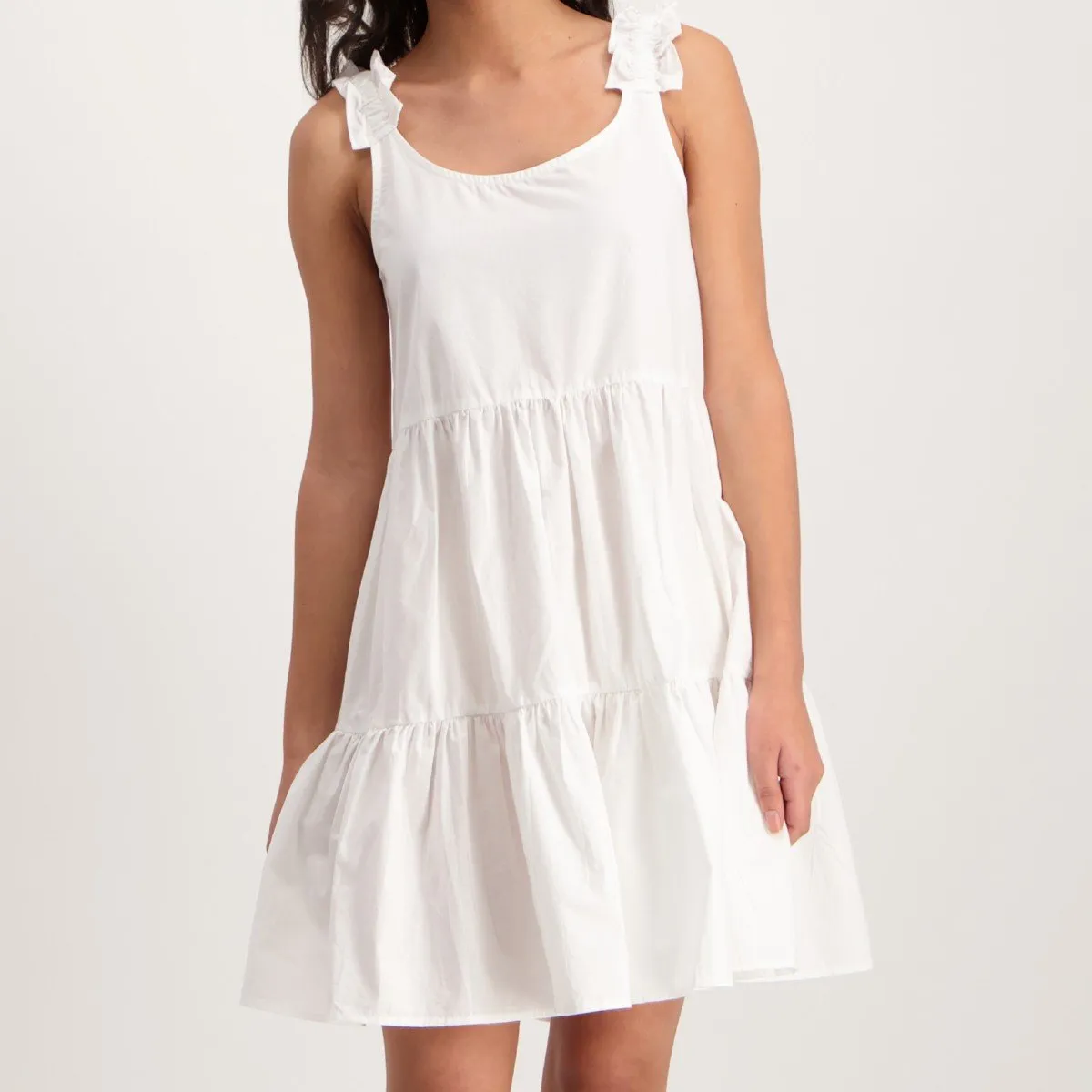 Ladies Poplin Strappy Tiered Dress-White