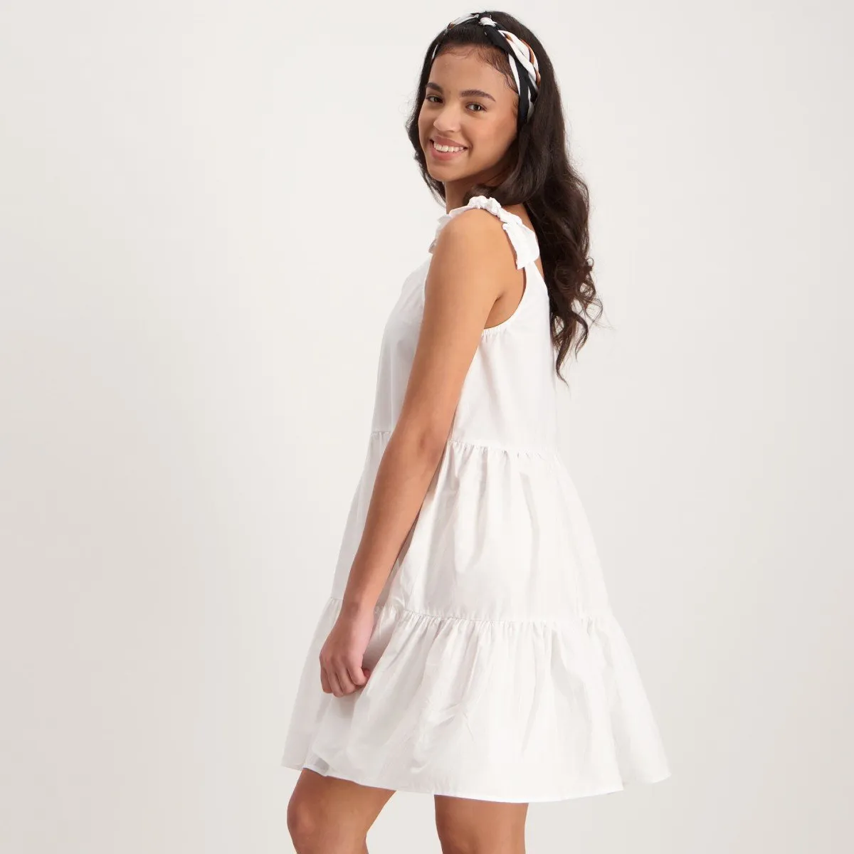 Ladies Poplin Strappy Tiered Dress-White