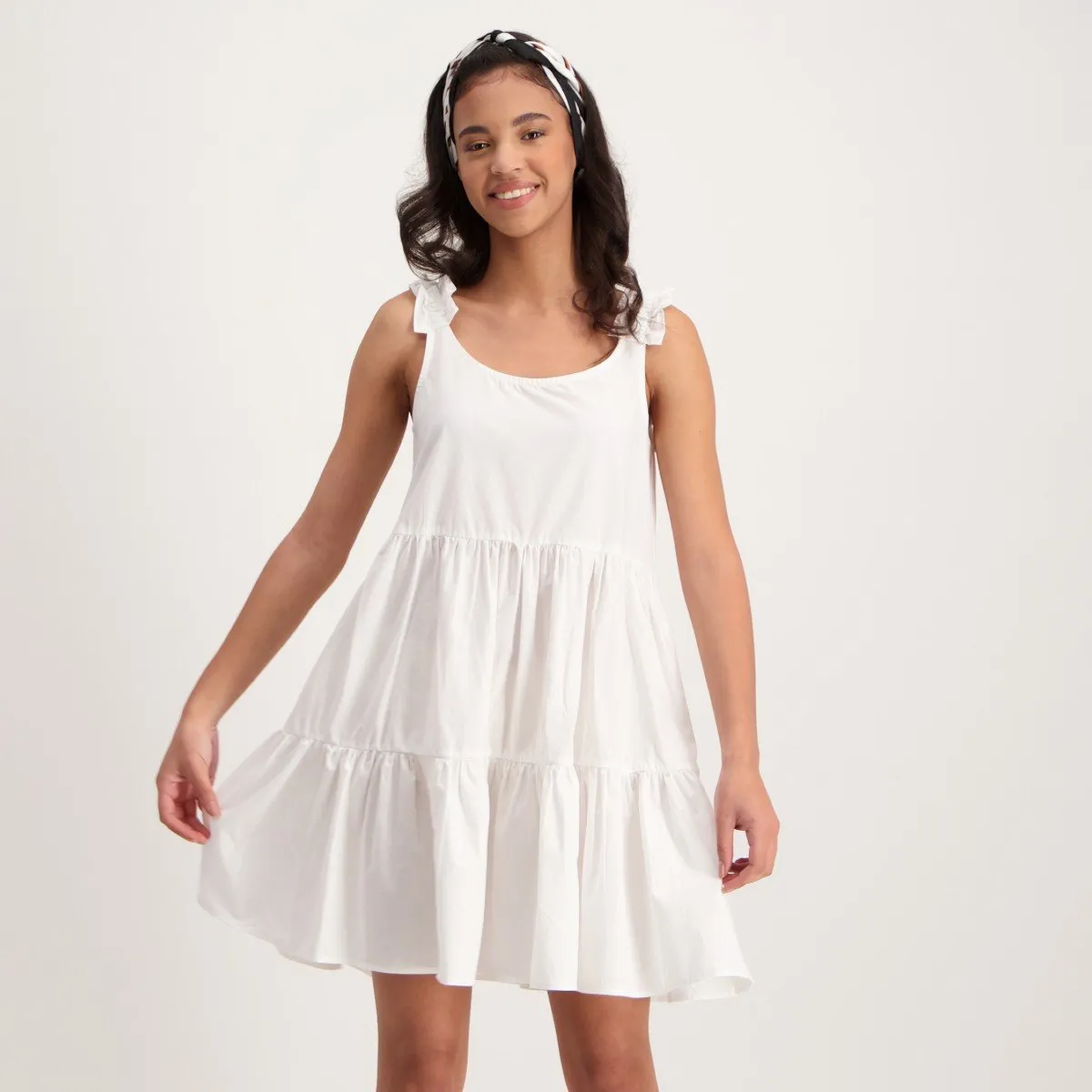 Ladies Poplin Strappy Tiered Dress-White