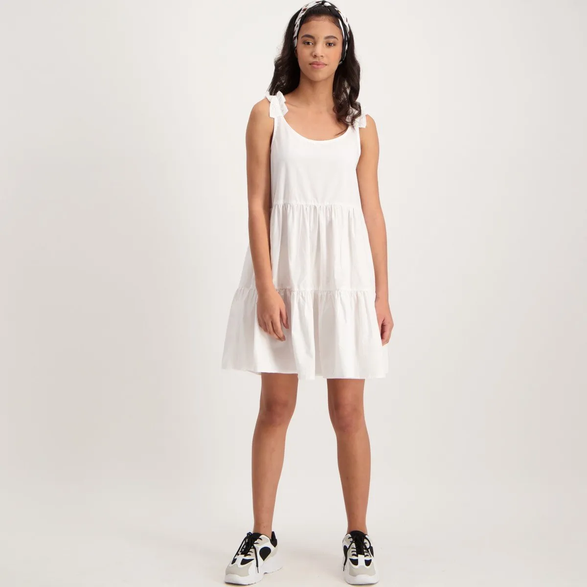Ladies Poplin Strappy Tiered Dress-White