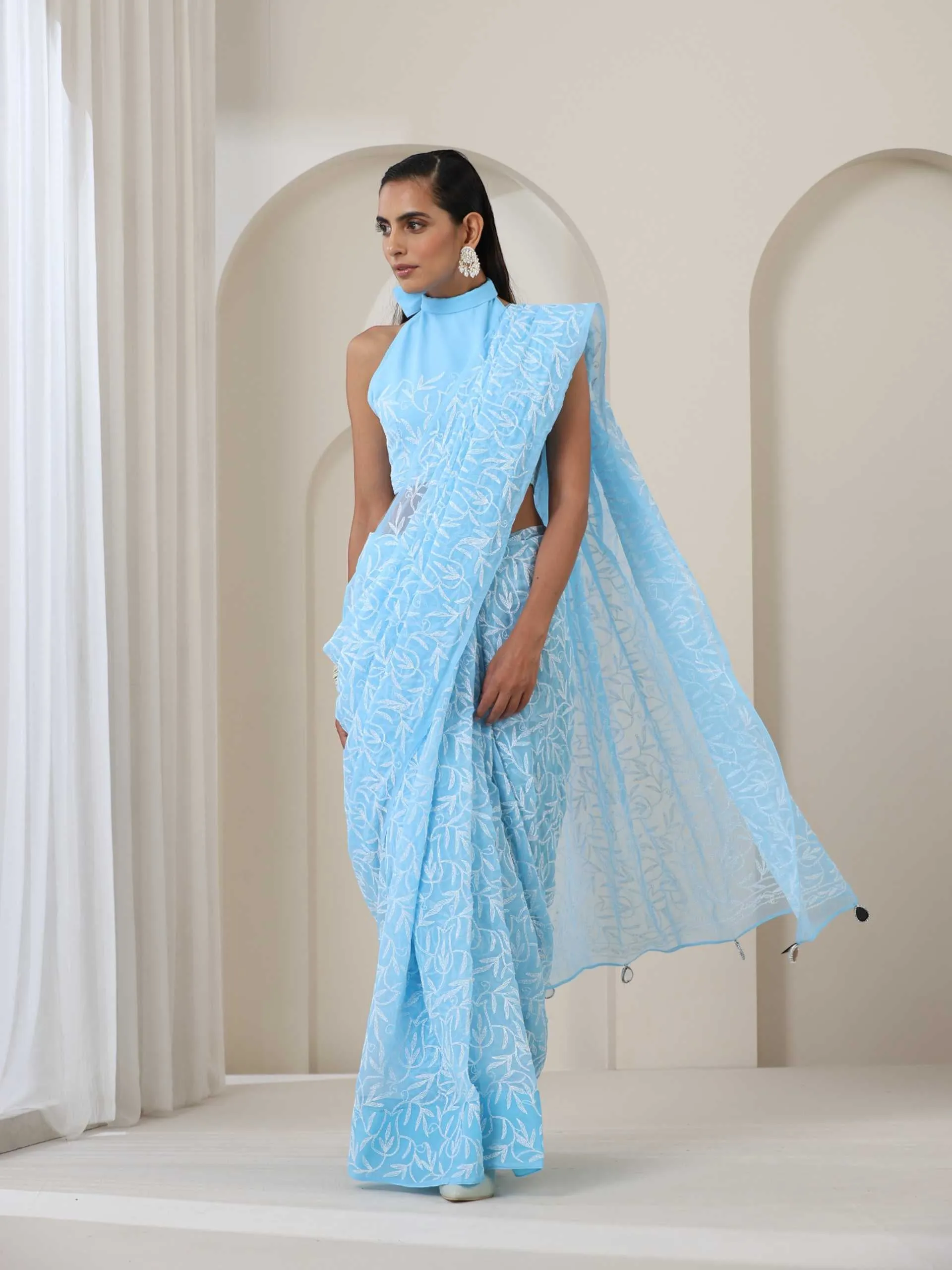 Light Blue Hand Chikankari Tepchi Saree with Blouse Fabric