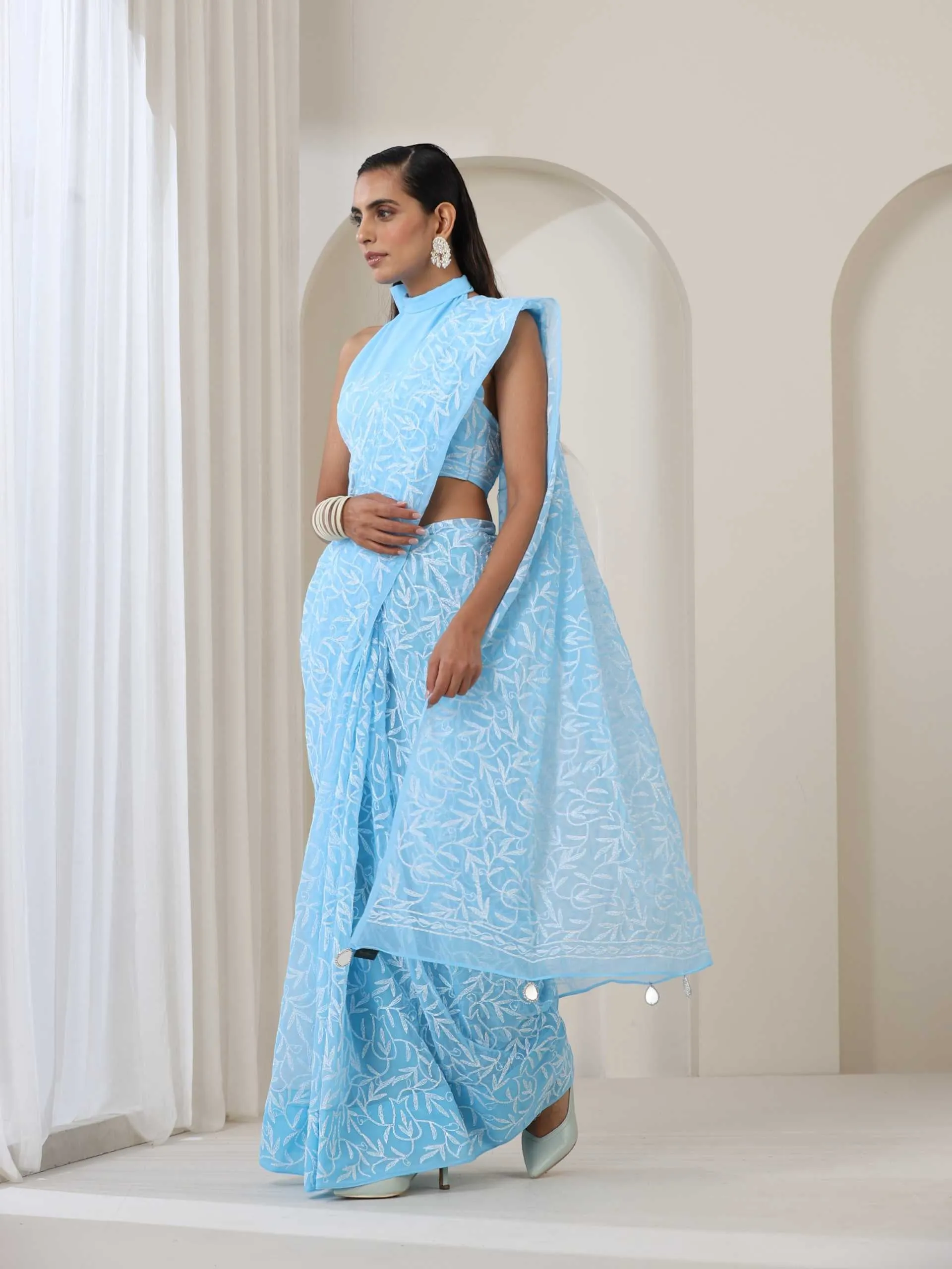 Light Blue Hand Chikankari Tepchi Saree with Blouse Fabric