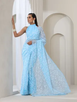 Light Blue Hand Chikankari Tepchi Saree with Blouse Fabric