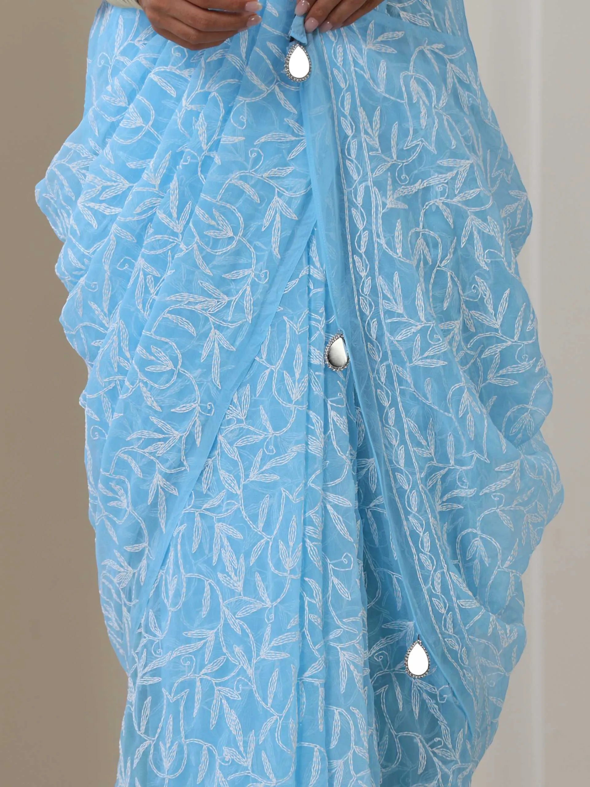Light Blue Hand Chikankari Tepchi Saree with Blouse Fabric