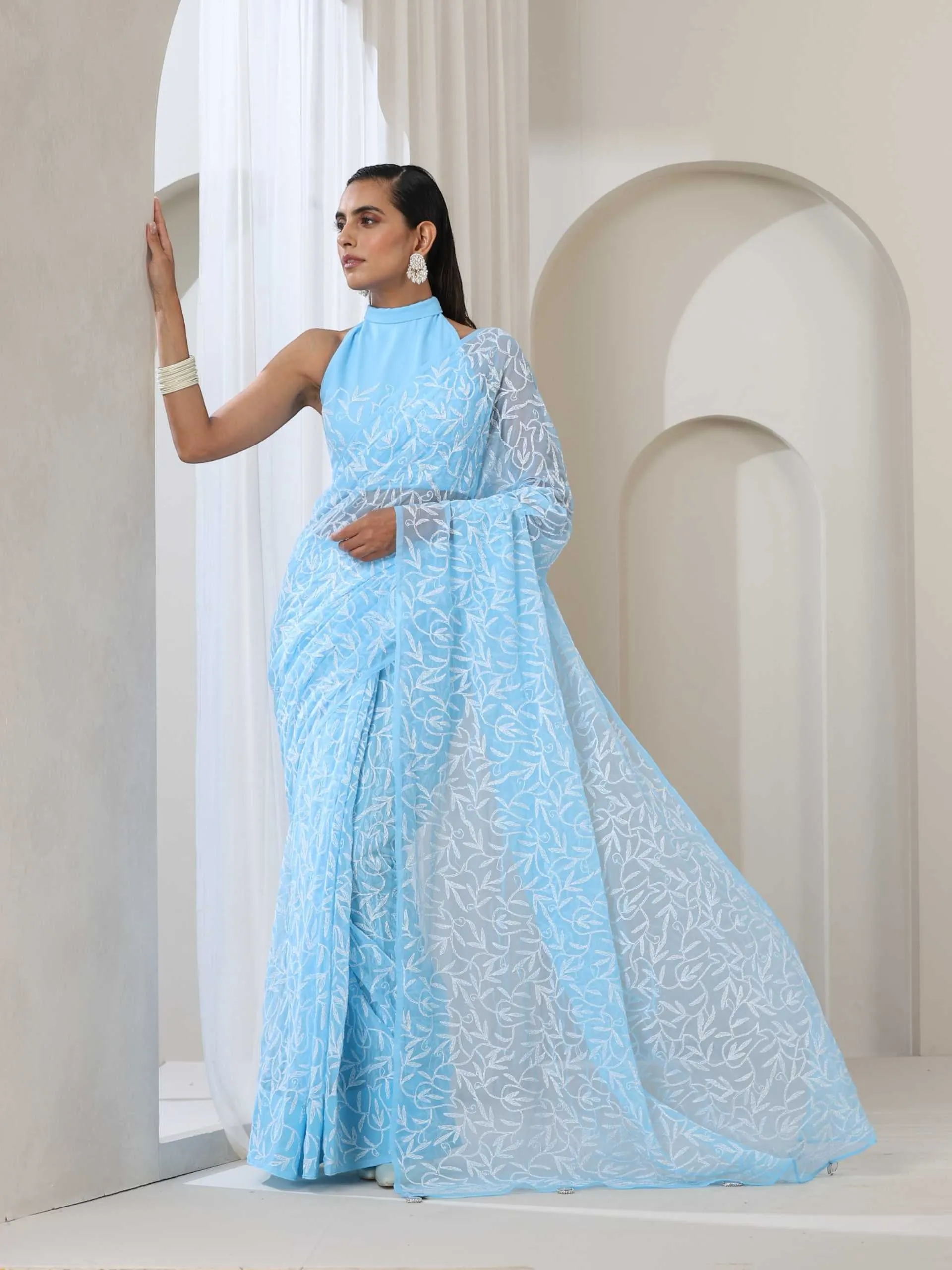 Light Blue Hand Chikankari Tepchi Saree with Blouse Fabric
