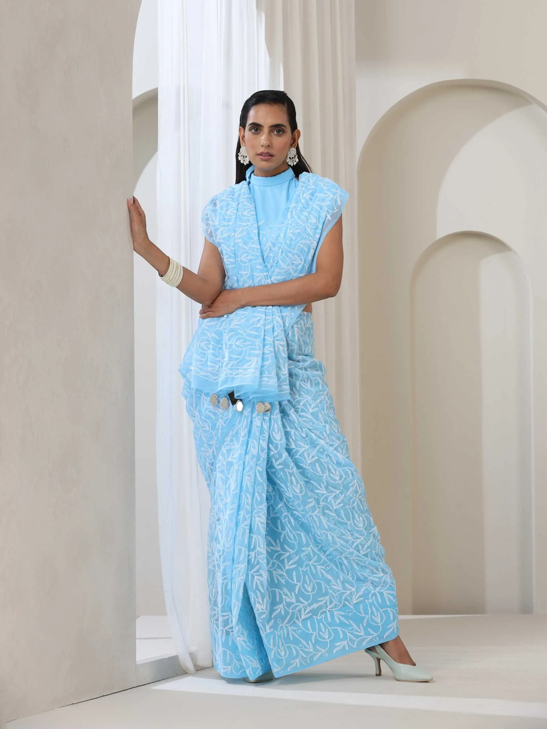Light Blue Hand Chikankari Tepchi Saree with Blouse Fabric