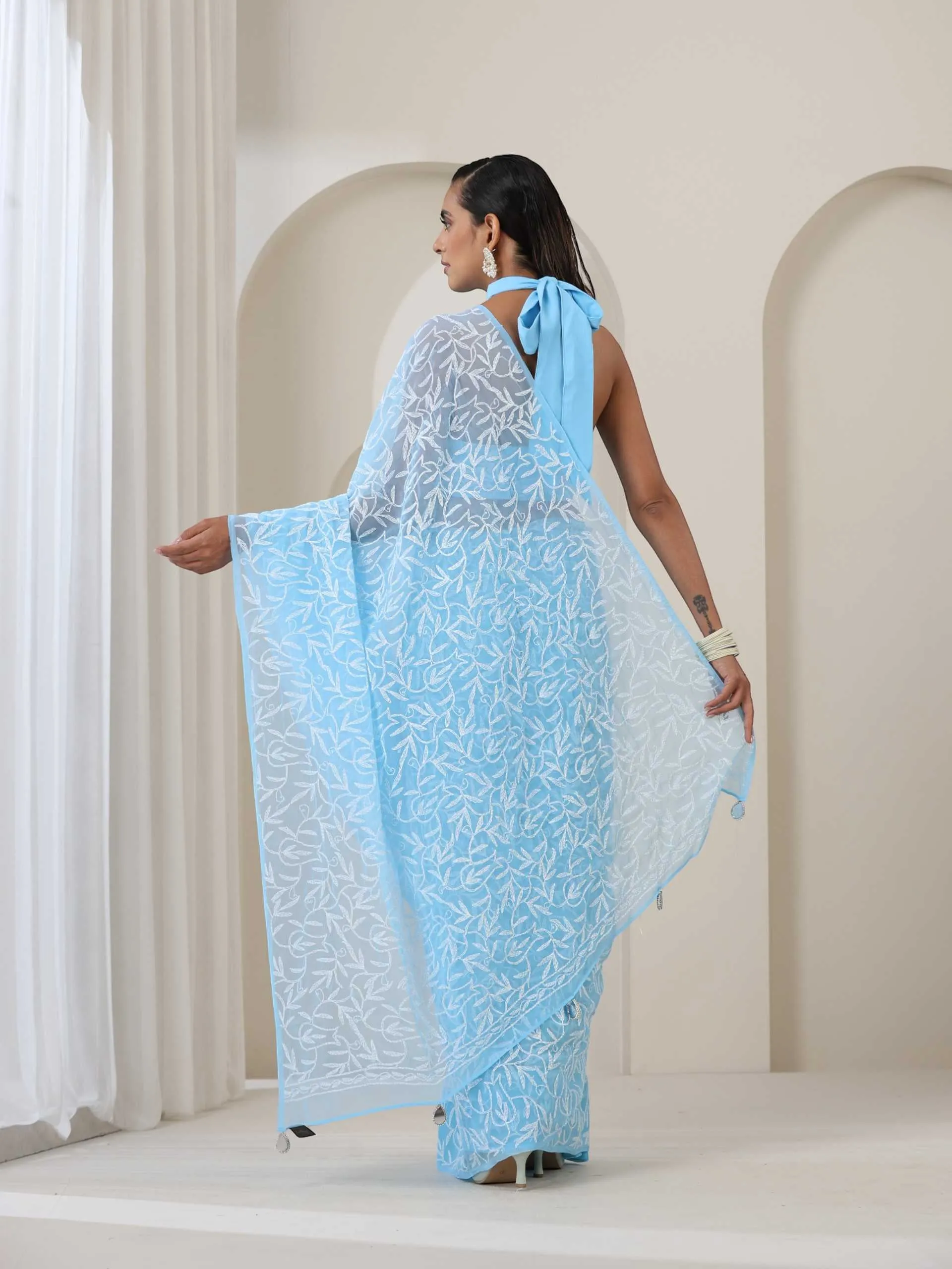 Light Blue Hand Chikankari Tepchi Saree with Blouse Fabric