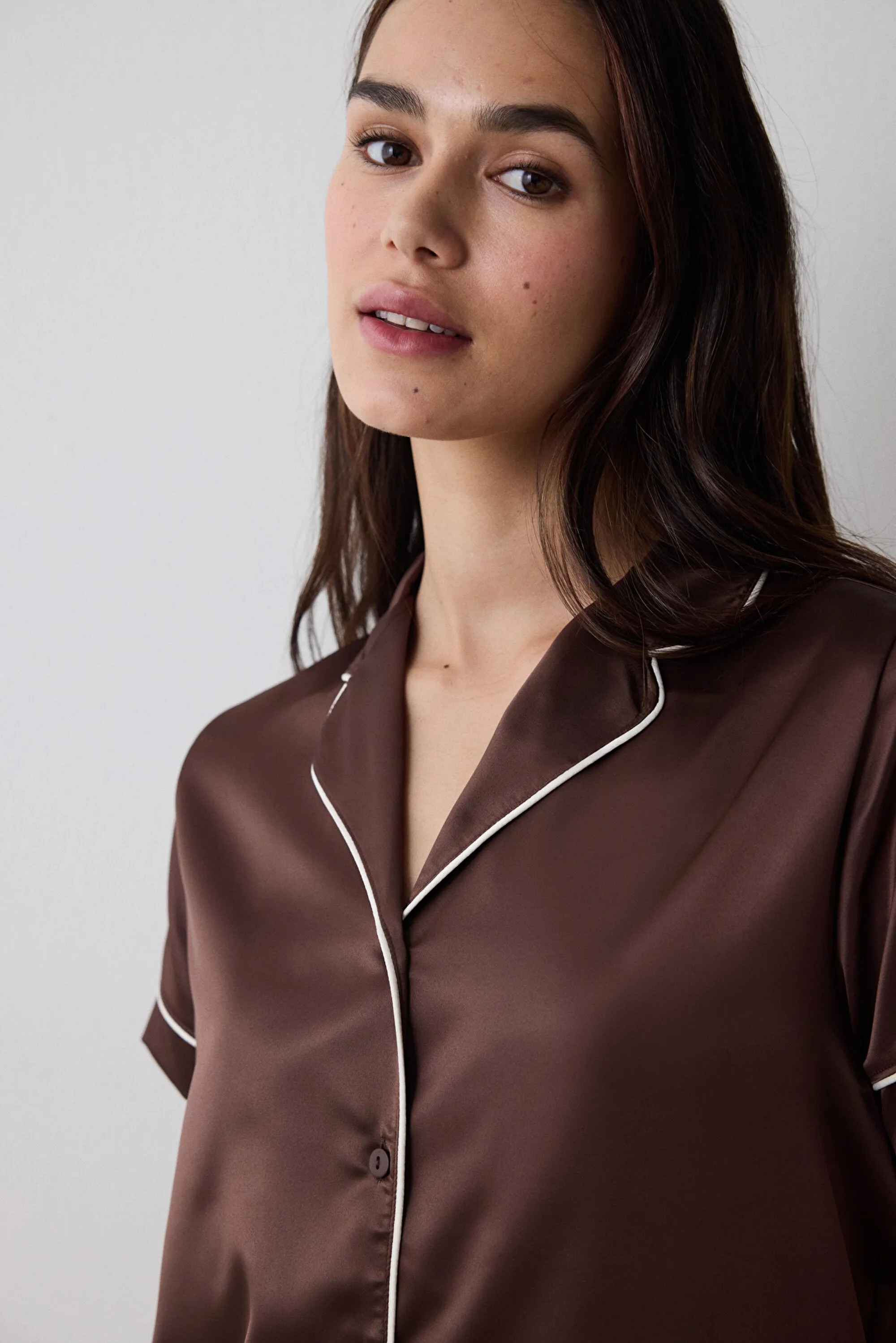 Lilah Satin Shirt Shorts Brown Pajama Set