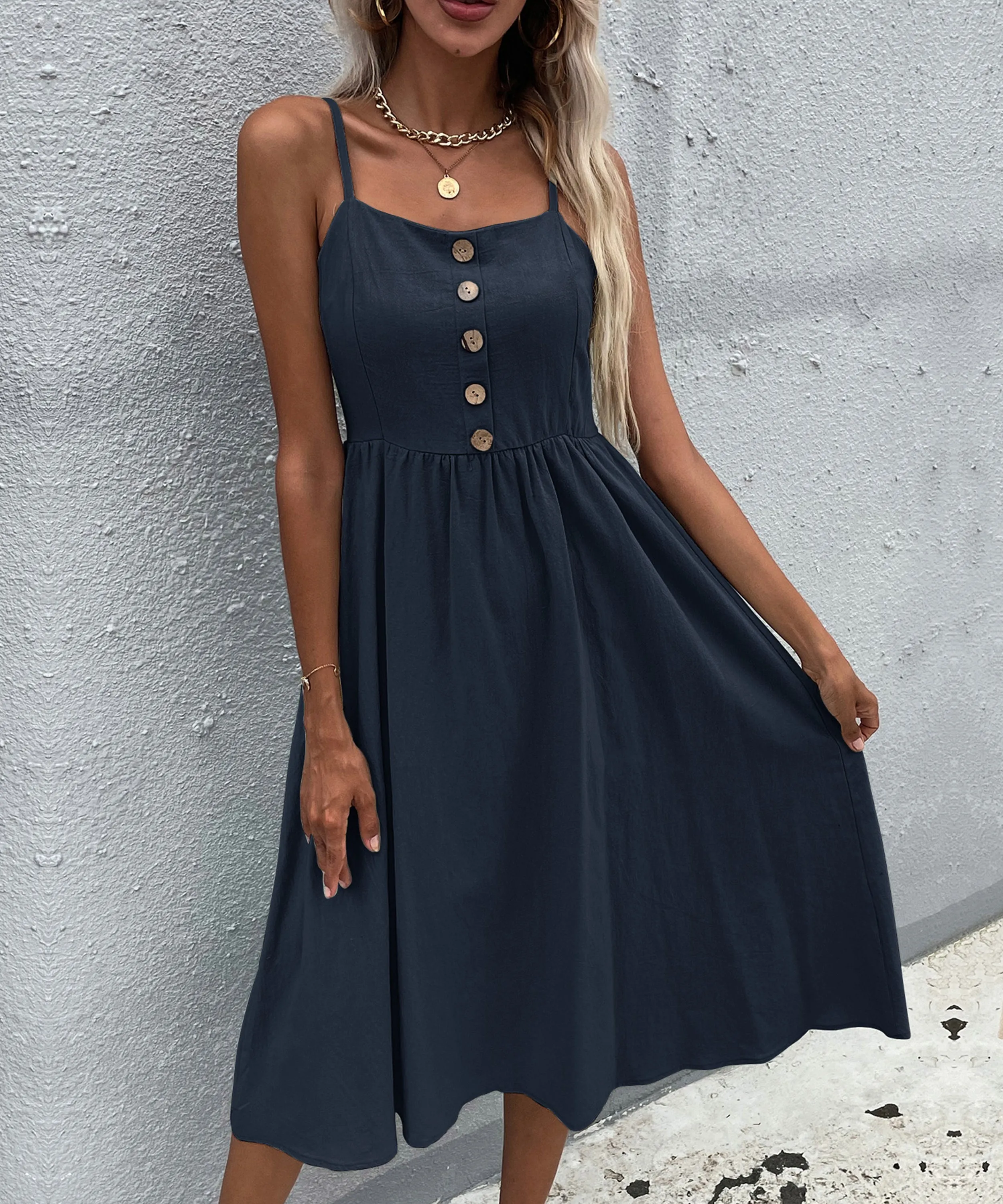 Lindsay Linen Blend Dress - Navy