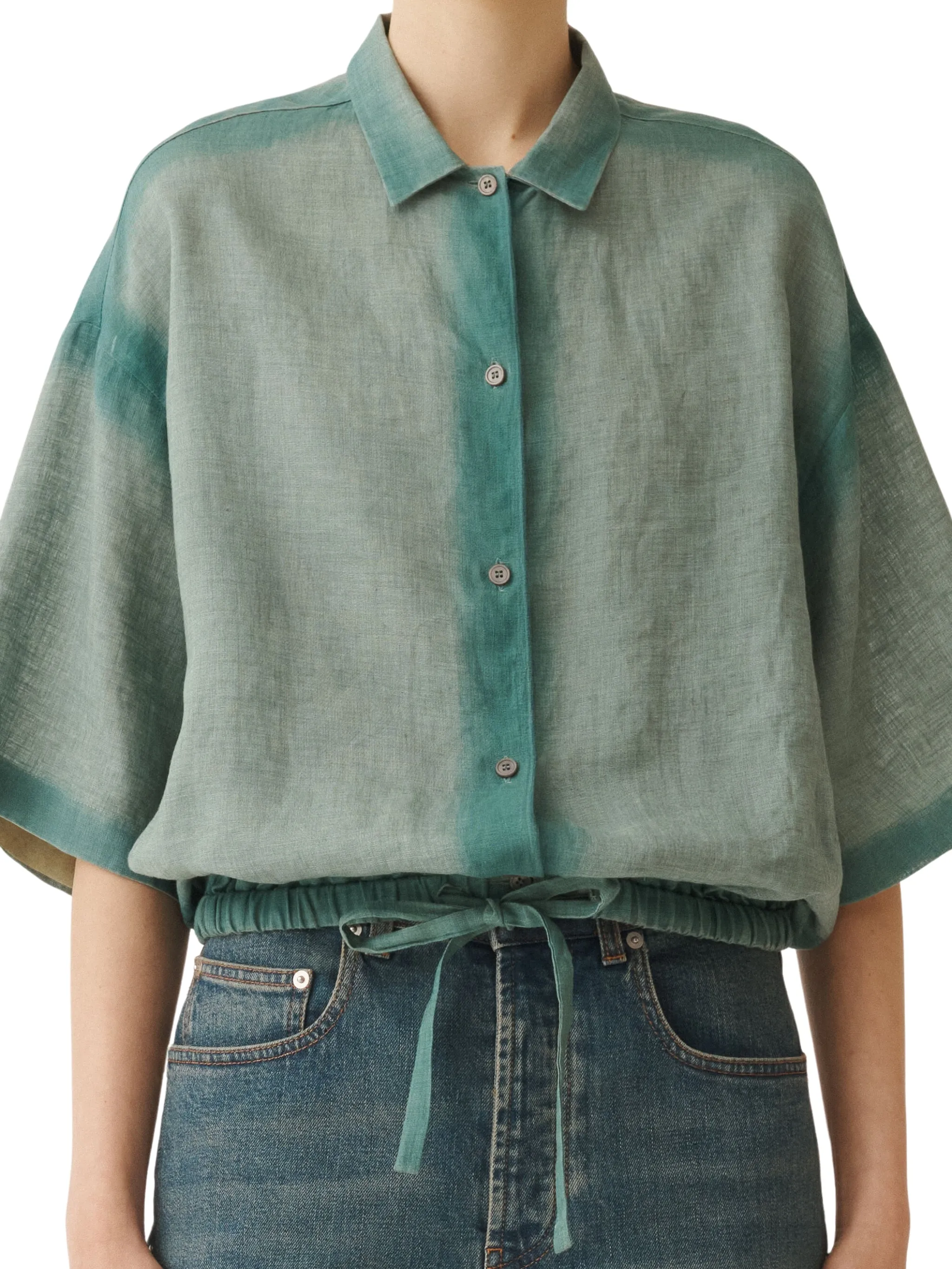 LINEN CLOTH SHIRT WITH BOTTOM DRAWSTRINGFADING TREATMENT