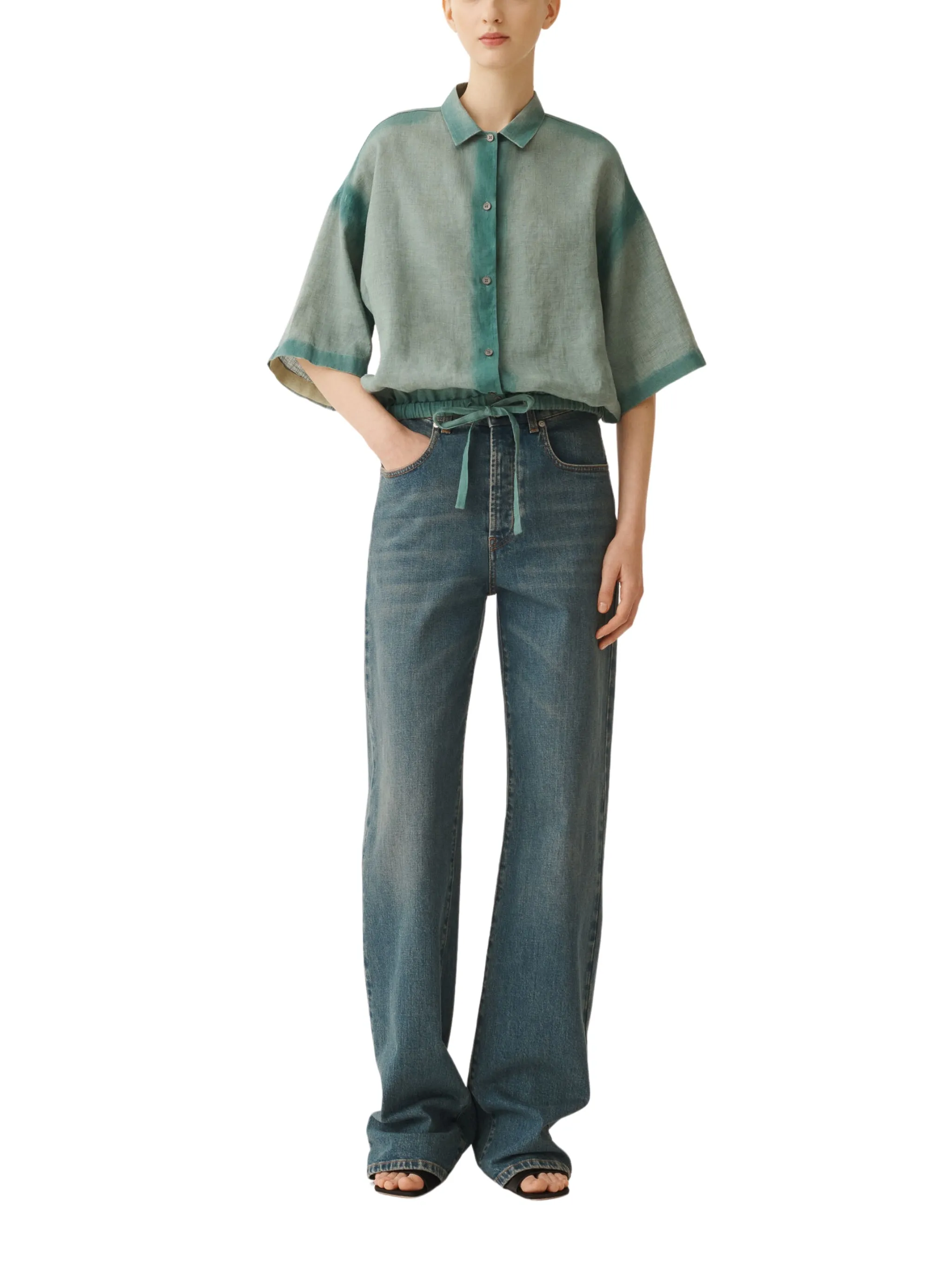 LINEN CLOTH SHIRT WITH BOTTOM DRAWSTRINGFADING TREATMENT