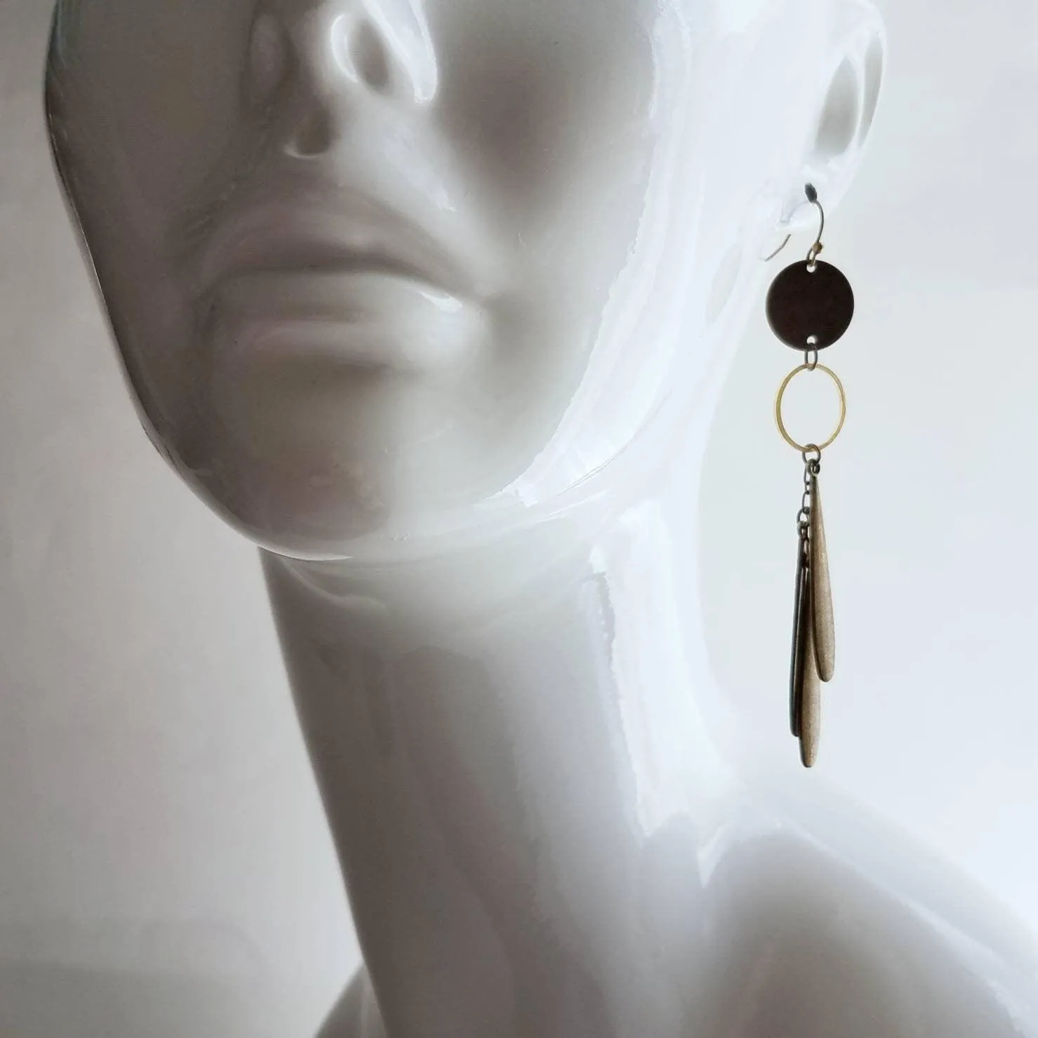 Long Boho Earrings, open circle earrings, 4 inch earrings, extra long earring, bronze disk earing, tribal dangles, antique brass earrings