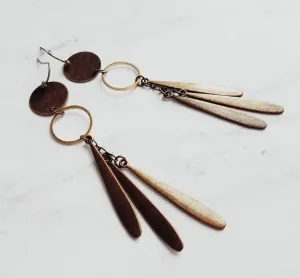 Long Boho Earrings, open circle earrings, 4 inch earrings, extra long earring, bronze disk earing, tribal dangles, antique brass earrings