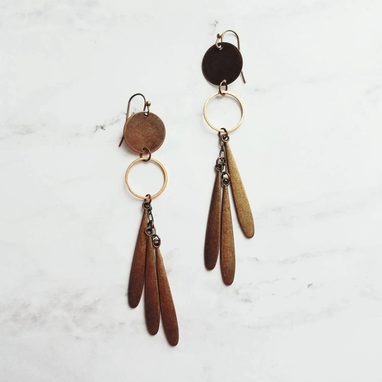 Long Boho Earrings, open circle earrings, 4 inch earrings, extra long earring, bronze disk earing, tribal dangles, antique brass earrings