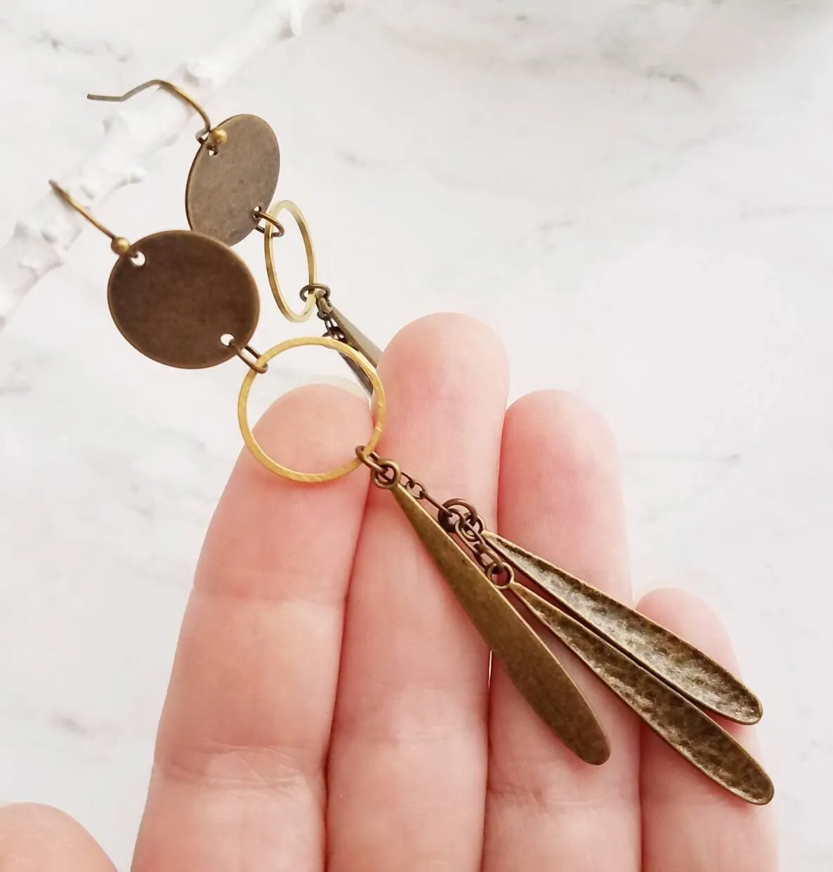 Long Boho Earrings, open circle earrings, 4 inch earrings, extra long earring, bronze disk earing, tribal dangles, antique brass earrings