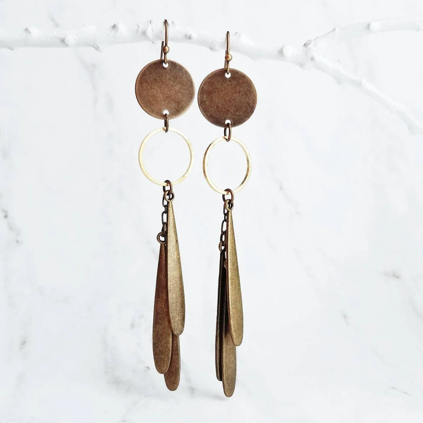 Long Boho Earrings, open circle earrings, 4 inch earrings, extra long earring, bronze disk earing, tribal dangles, antique brass earrings