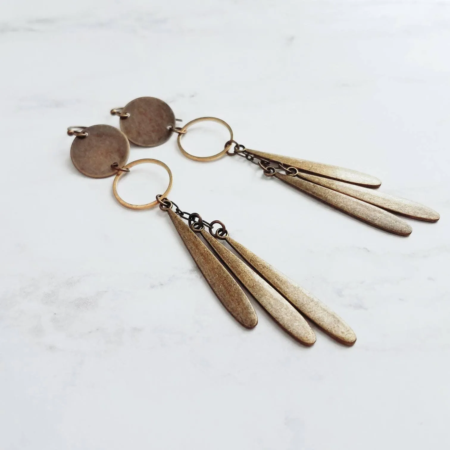 Long Boho Earrings, open circle earrings, 4 inch earrings, extra long earring, bronze disk earing, tribal dangles, antique brass earrings