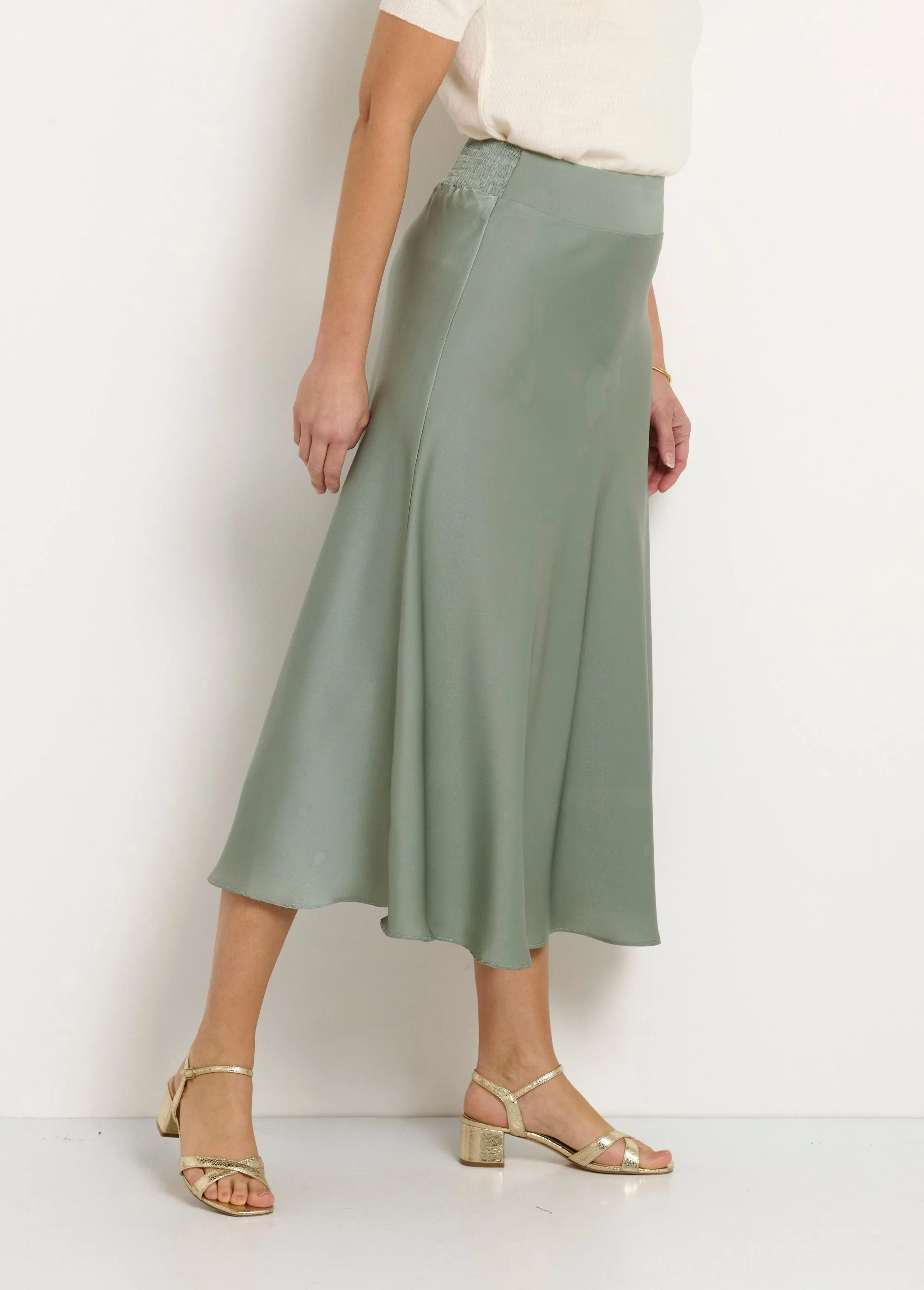 Long flared satin skirt with elasticated back