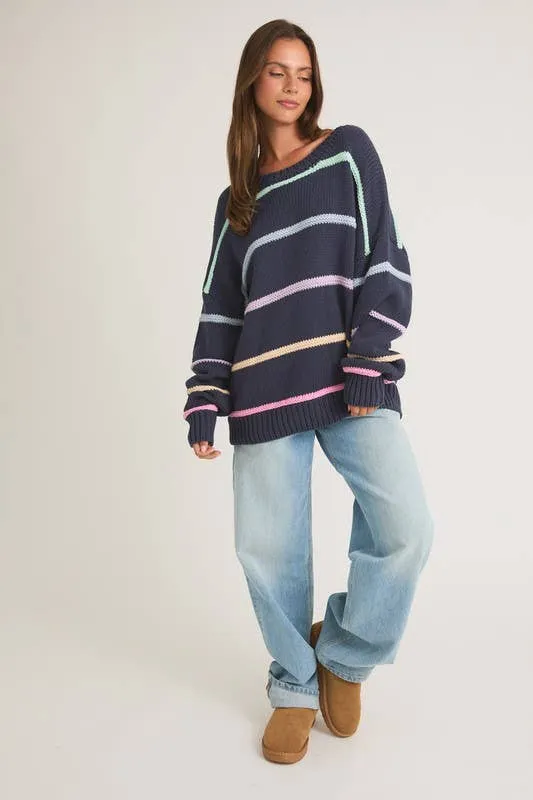 Long Sleeve Round Neck 3d Striped Sweater