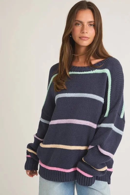 Long Sleeve Round Neck 3d Striped Sweater