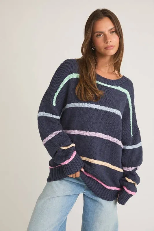 Long Sleeve Round Neck 3d Striped Sweater