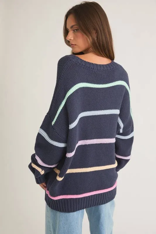 Long Sleeve Round Neck 3d Striped Sweater